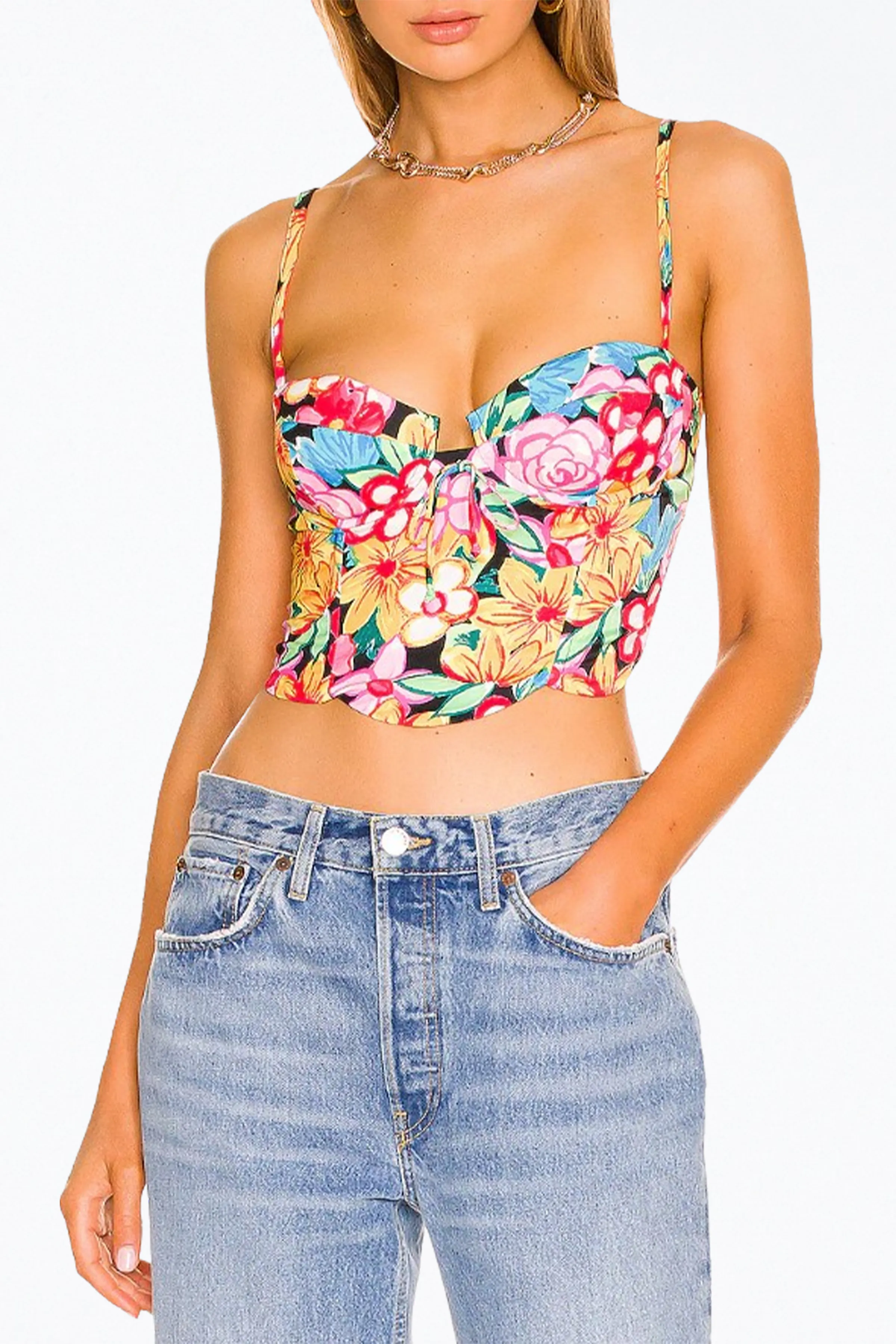 MALLORY FLORAL-PRINT BUSTIER SATIN TOP