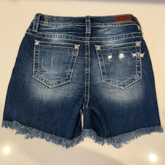 Miss Me Denim Heaven High Rise Mid-Short Distressed Bling Size 26 Jean Shorts