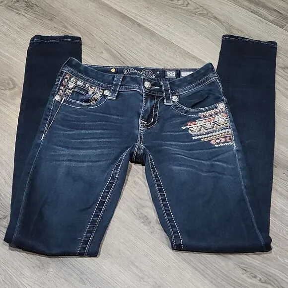 Miss Me Rhinestone Aztec Embroidered Signature Skinny Dark Jeans
