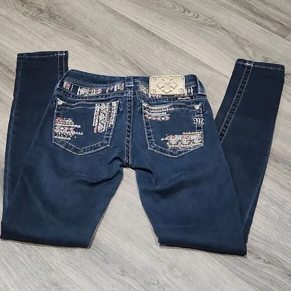 Miss Me Rhinestone Aztec Embroidered Signature Skinny Dark Jeans