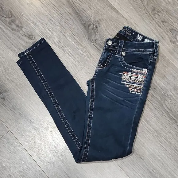 Miss Me Rhinestone Aztec Embroidered Signature Skinny Dark Jeans