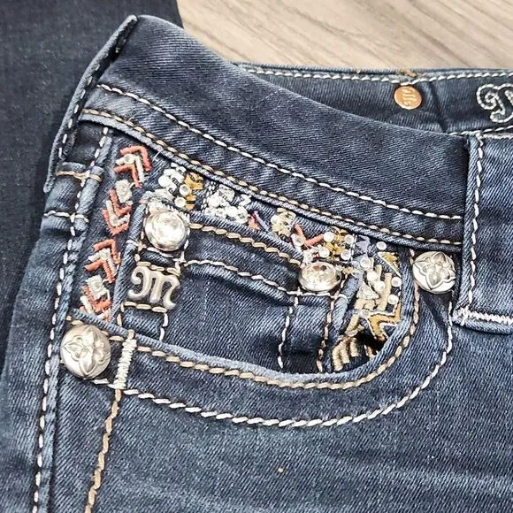 Miss Me Rhinestone Aztec Embroidered Signature Skinny Dark Jeans
