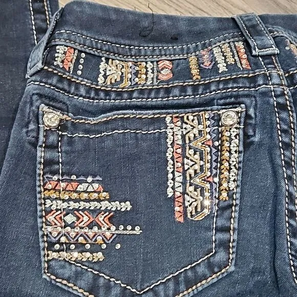 Miss Me Rhinestone Aztec Embroidered Signature Skinny Dark Jeans