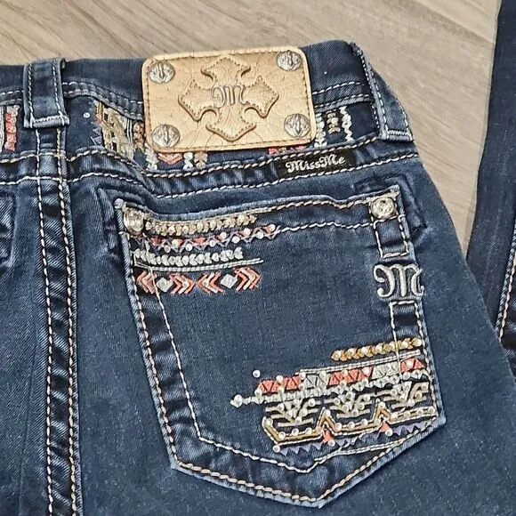 Miss Me Rhinestone Aztec Embroidered Signature Skinny Dark Jeans