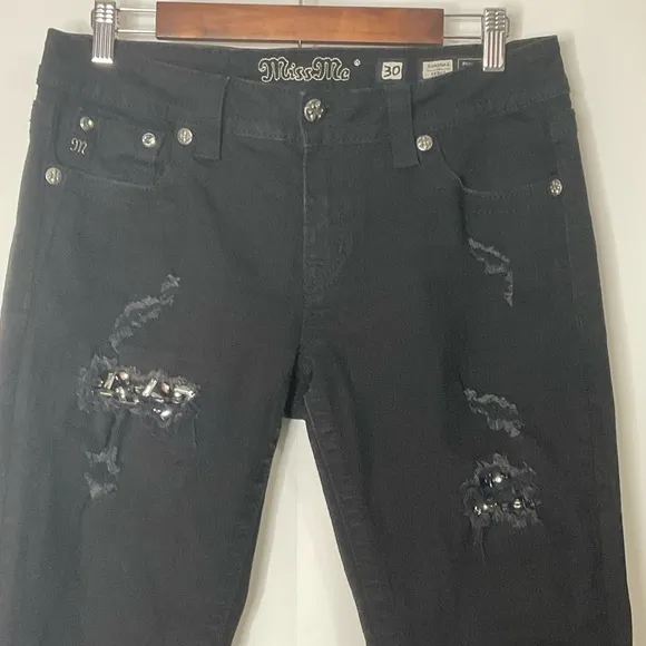 Miss Me Signature Black Bling Gems Distressed Skinny Jeans Size 30; EUC