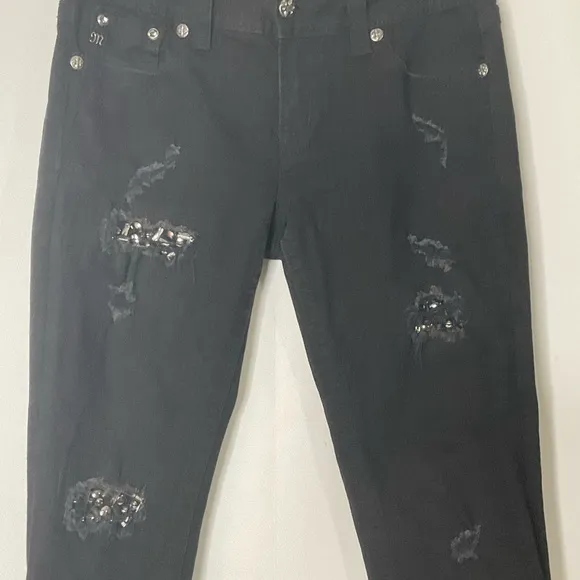 Miss Me Signature Black Bling Gems Distressed Skinny Jeans Size 30; EUC