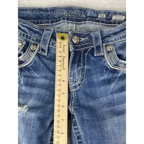 Miss Me Signature Skinny Jeans Women's Medium Wash Blue‎ Distressed Size 26