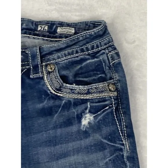 Miss Me Signature Skinny Jeans Women's Medium Wash Blue‎ Distressed Size 26
