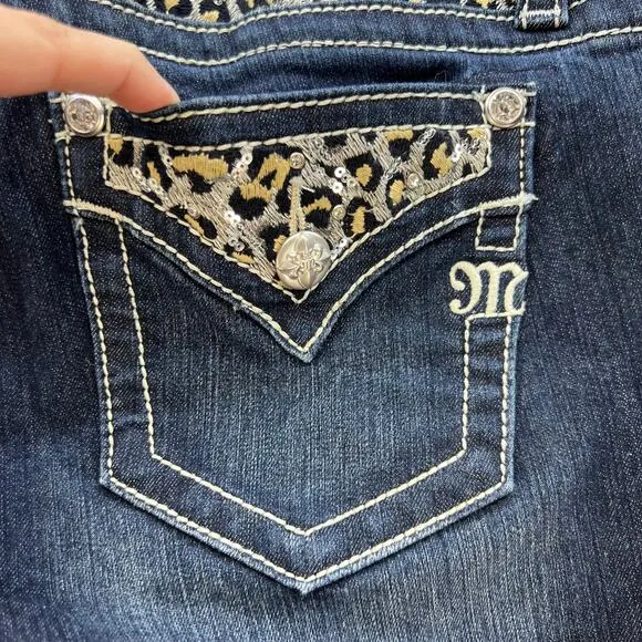 Miss Me Women’s Jeans Size 29x29.5 (8) Low Rise Skinny Cheetah Print Blingy EUC