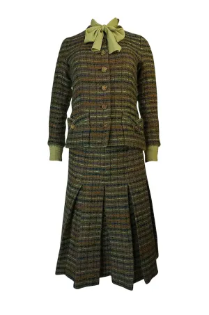Museum Held Fall 1977 Chanel True Haute Couture Three Piece Green Boucle Skirt Suit