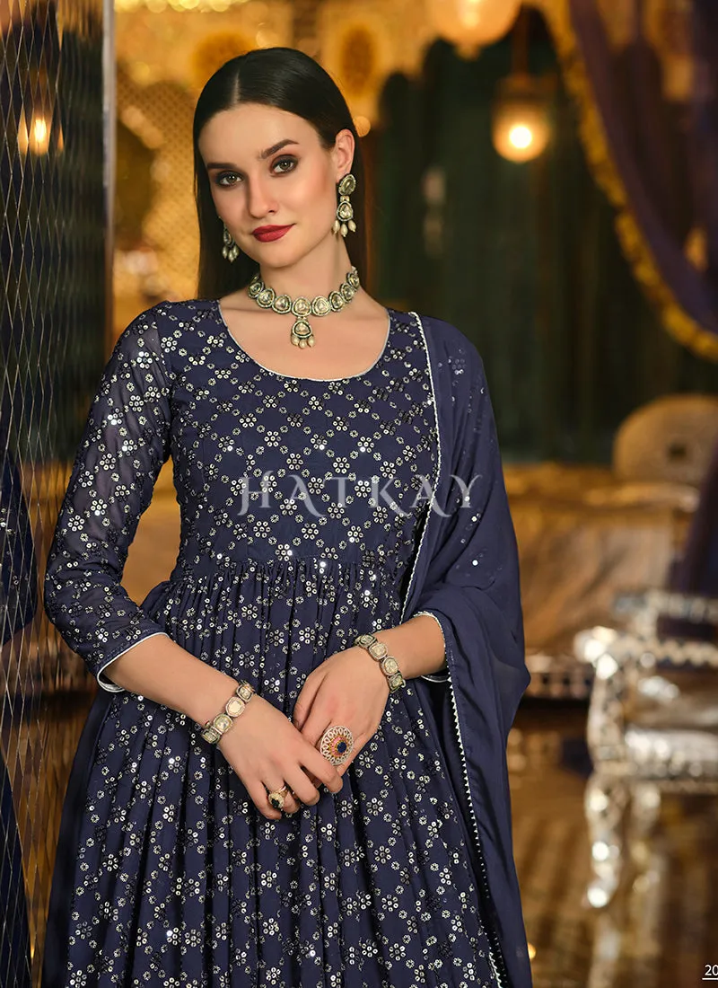 Navy Blue Sequence Embroidered Pleated Anarkali Lehenga Suit