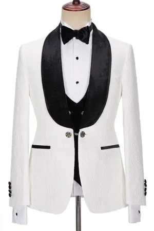 New in White Jacquard Three Pieces Wedding Men Suits with Velvet Lapel