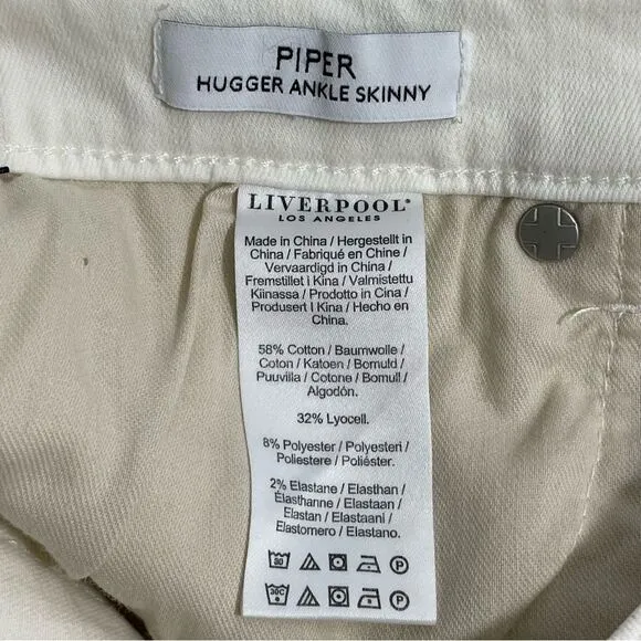 NWT Liverpool Ivory Cream Porcelain Hugger Piper Ankle Skinny Jeans Size 4 / 27