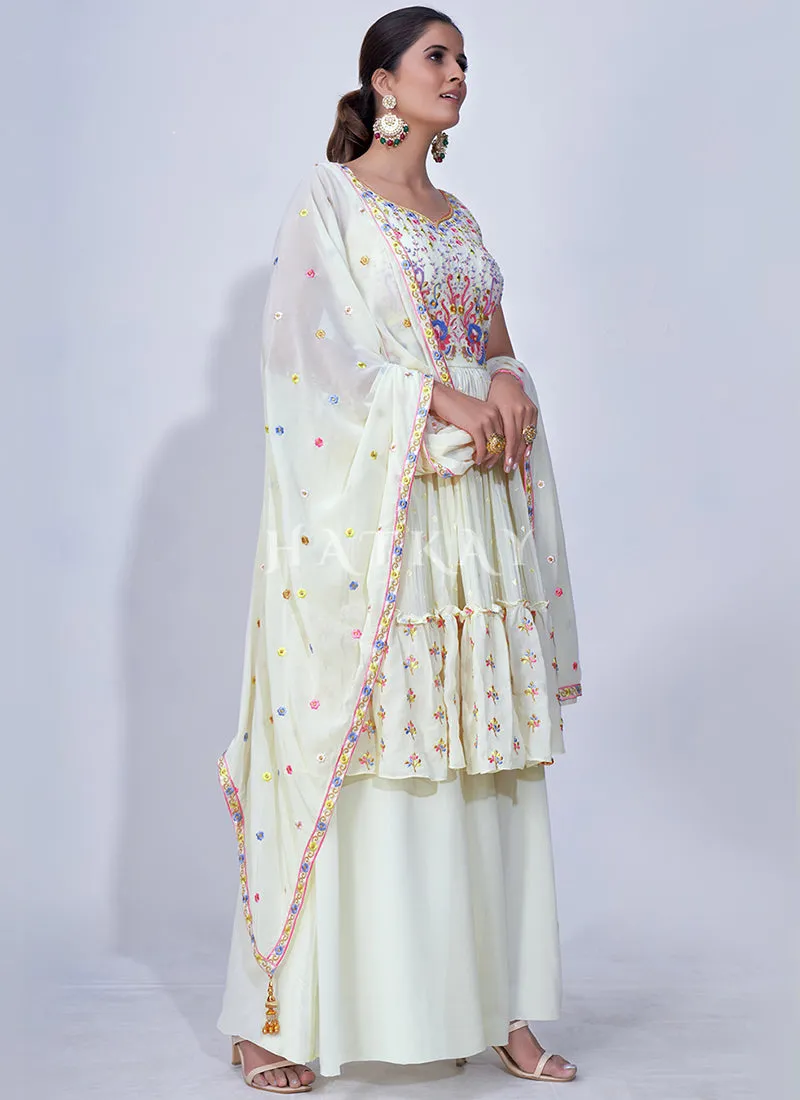 Off White Mirror Work Multi Embroidery Chiffon Palazzo Suit