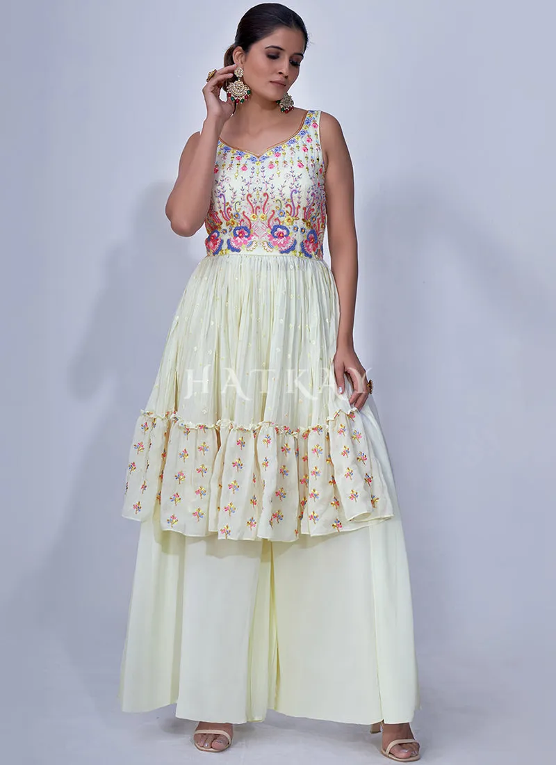 Off White Mirror Work Multi Embroidery Chiffon Palazzo Suit