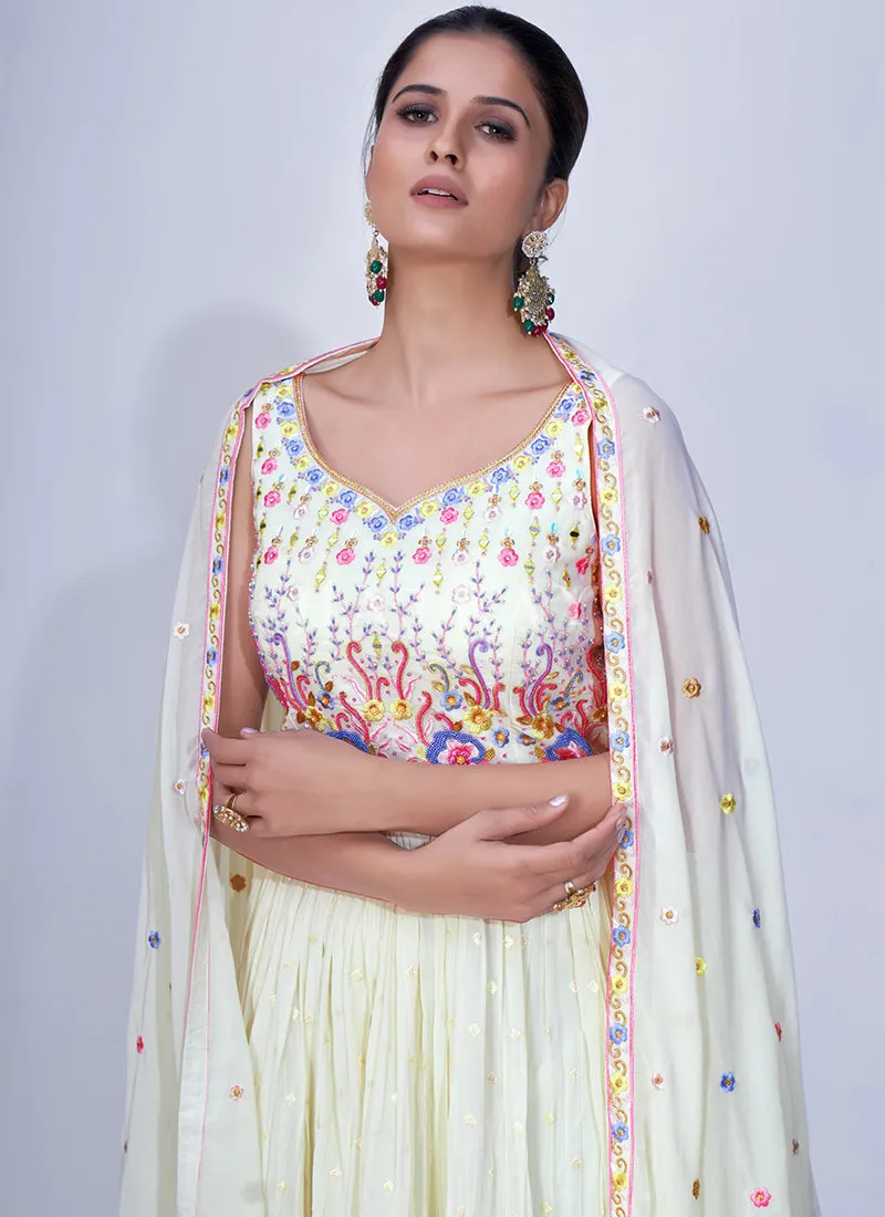 Off White Mirror Work Multi Embroidery Chiffon Palazzo Suit