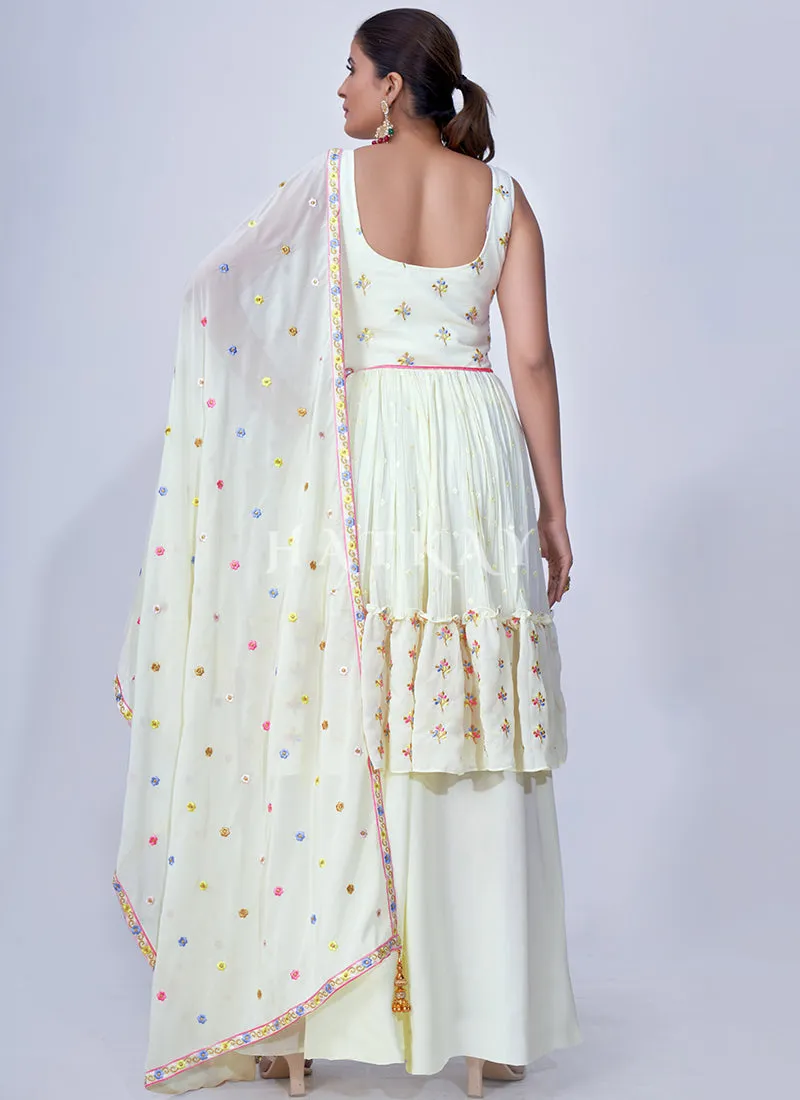 Off White Mirror Work Multi Embroidery Chiffon Palazzo Suit
