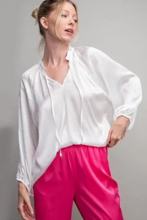 Off White Silky Satin Ruffle Neckline Blouse
