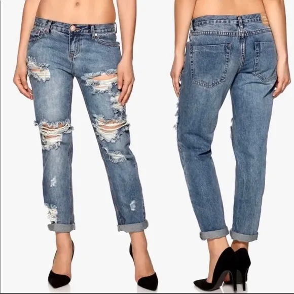 One by One Teaspoon Awesome Baggies Distressed Blue Jeans Size 26