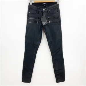 Paige Edgemont Coated Ultra Skinny Zipper Jeans in Black Silk Sz 25