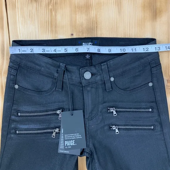 Paige Edgemont Coated Ultra Skinny Zipper Jeans in Black Silk Sz 25