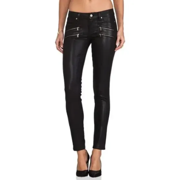 Paige Edgemont Coated Ultra Skinny Zipper Jeans in Black Silk Sz 25