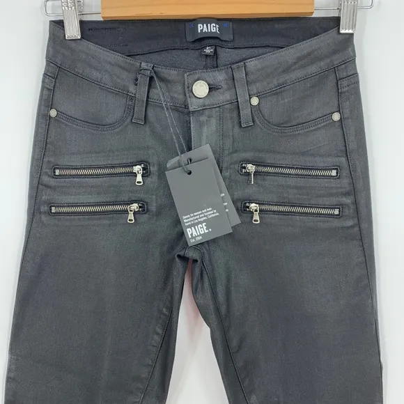 Paige Edgemont Coated Ultra Skinny Zipper Jeans in Black Silk Sz 25