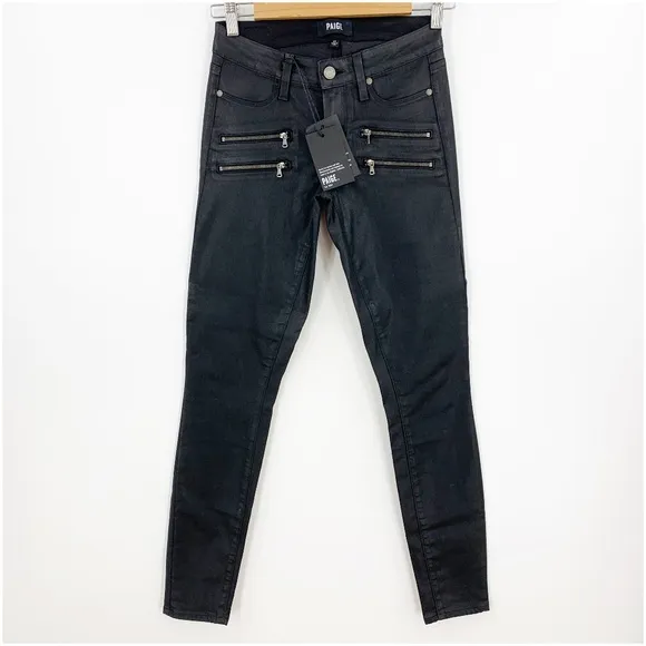 Paige Edgemont Coated Ultra Skinny Zipper Jeans in Black Silk Sz 25