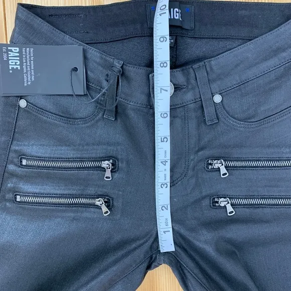 Paige Edgemont Coated Ultra Skinny Zipper Jeans in Black Silk Sz 25