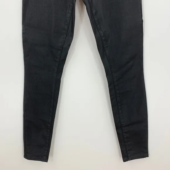 Paige Edgemont Coated Ultra Skinny Zipper Jeans in Black Silk Sz 25