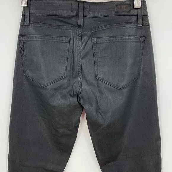 Paige Edgemont Coated Ultra Skinny Zipper Jeans in Black Silk Sz 25