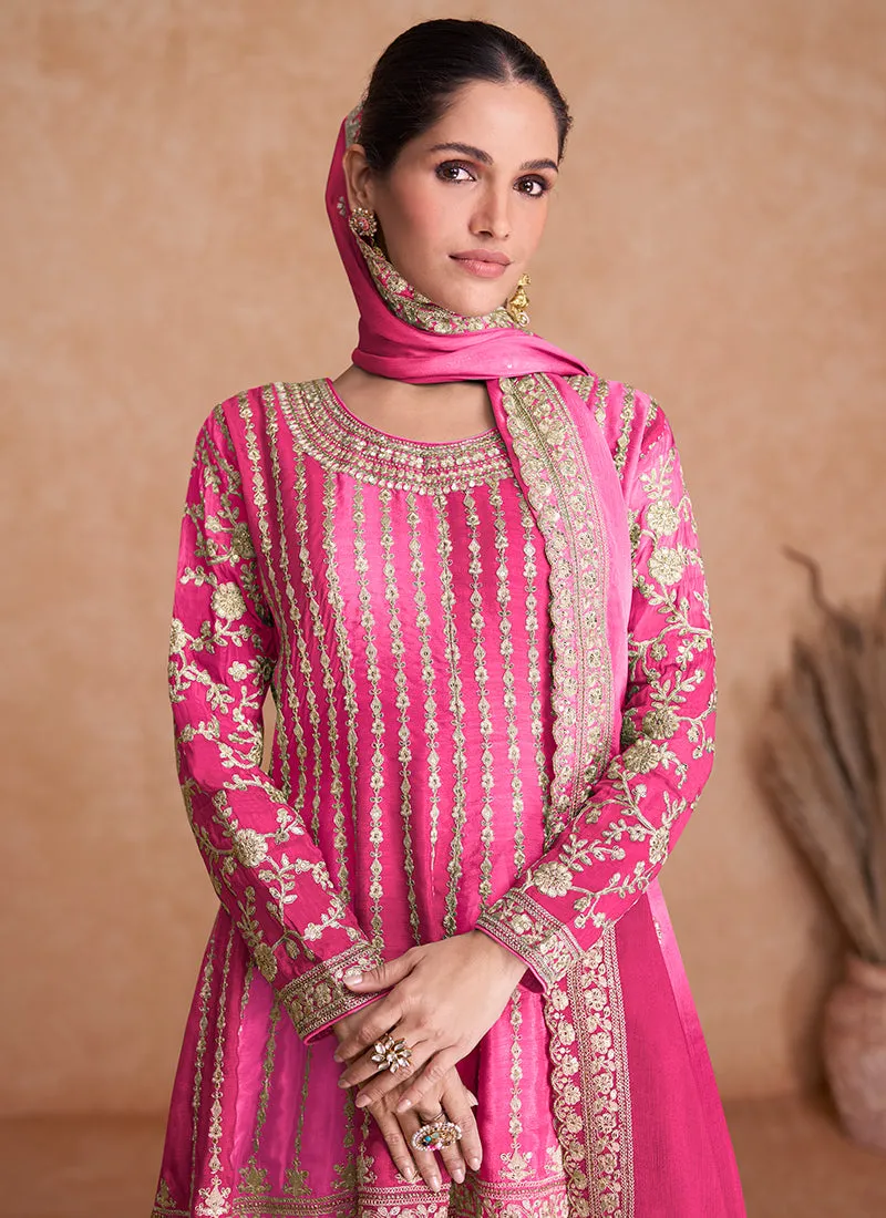 Pink Traditional Embroidery Wedding Gharara Suit