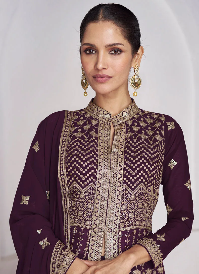 Purple Golden Sequence Embroidery Slit Style Anarkali Lehenga Suit