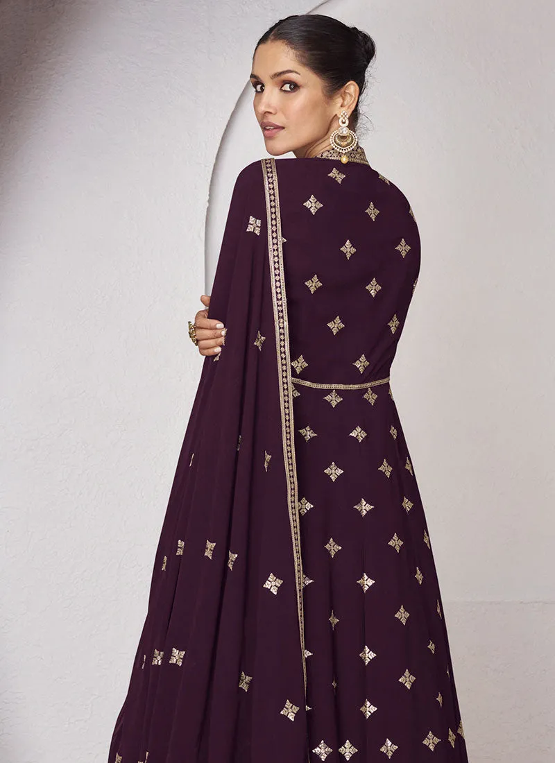 Purple Golden Sequence Embroidery Slit Style Anarkali Lehenga Suit