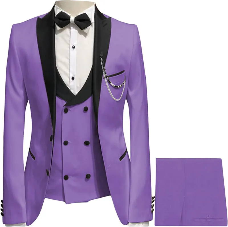 Purple Three Pieces Slim Fit Prom Suits with Black Peaked Lapel