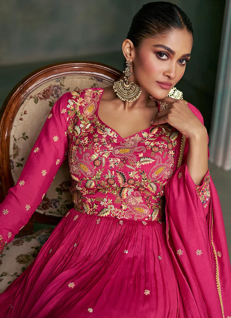 Rani Pink Multi Embroidery Traditional Anarkali Gown