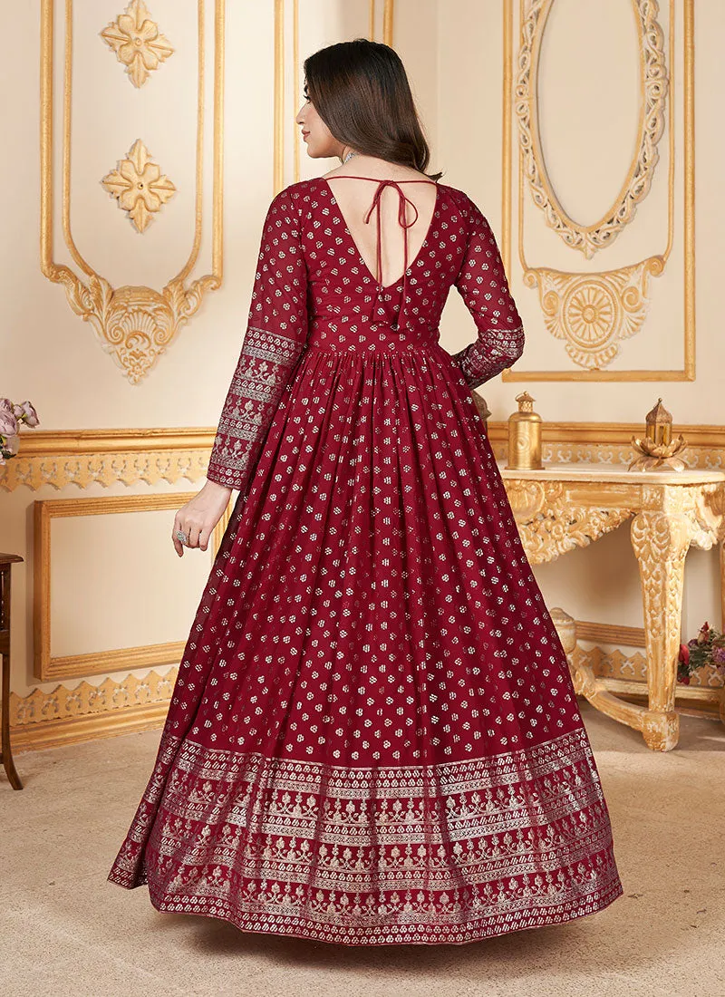 Red Metallic Foil Work Embellished Anarkali Gown And Dupatta