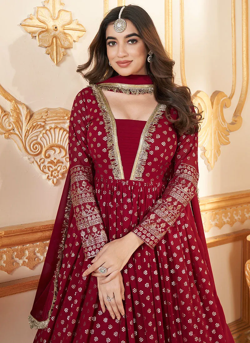 Red Metallic Foil Work Embellished Anarkali Gown And Dupatta