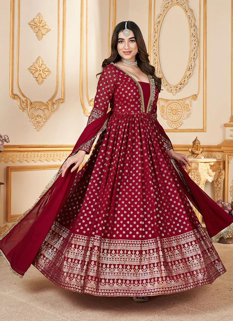Red Metallic Foil Work Embellished Anarkali Gown And Dupatta