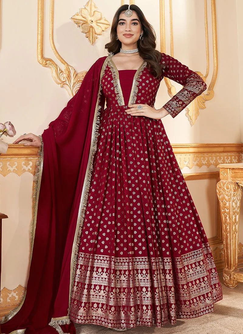 Red Metallic Foil Work Embellished Anarkali Gown And Dupatta