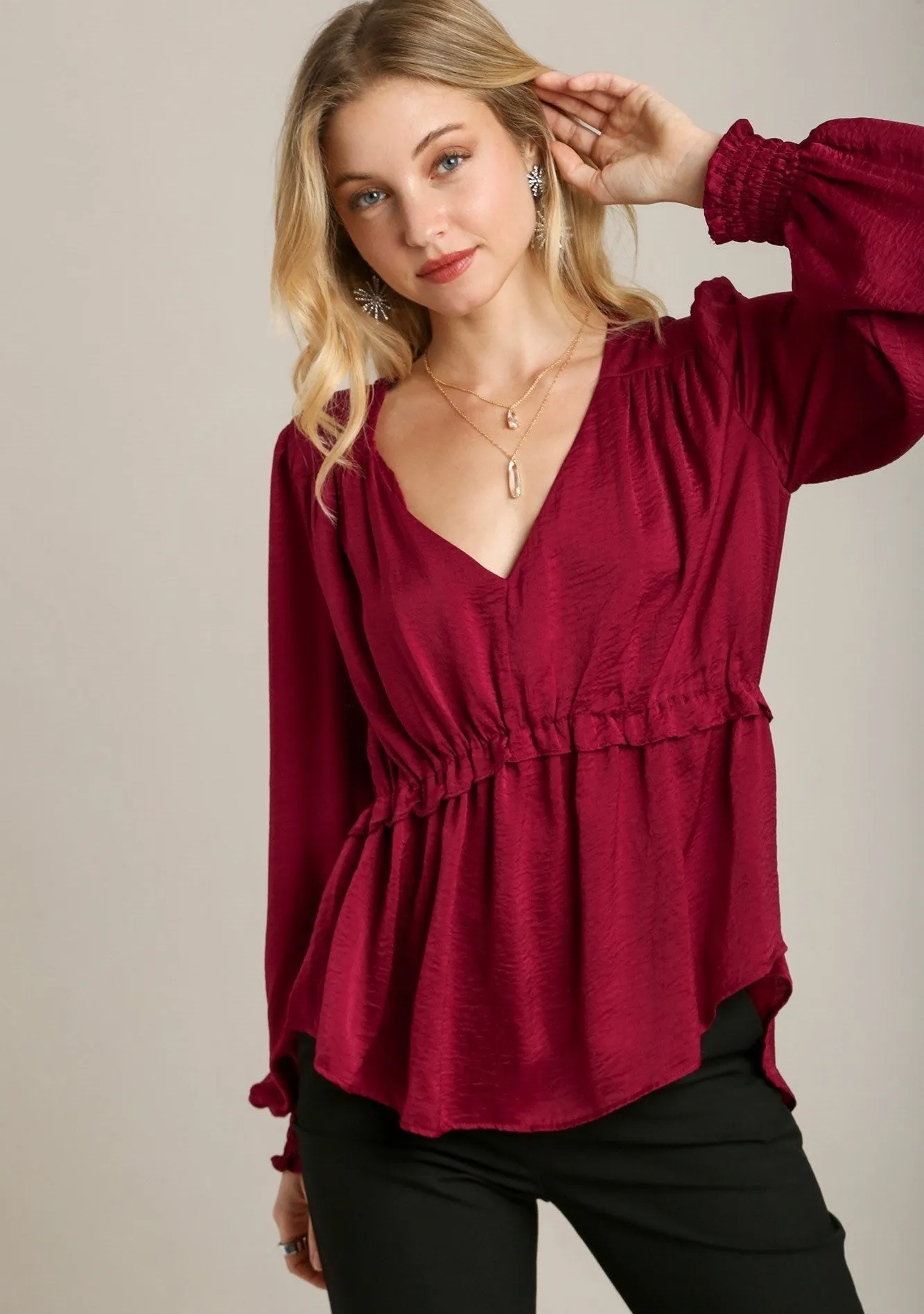 Red Satin V-neck Ruffle Baby Doll Top With Cuffed Long Sleeve