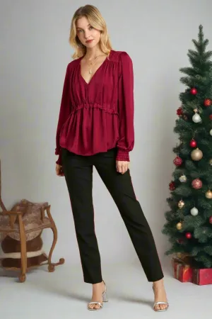 Red Satin V-neck Ruffle Baby Doll Top With Cuffed Long Sleeve