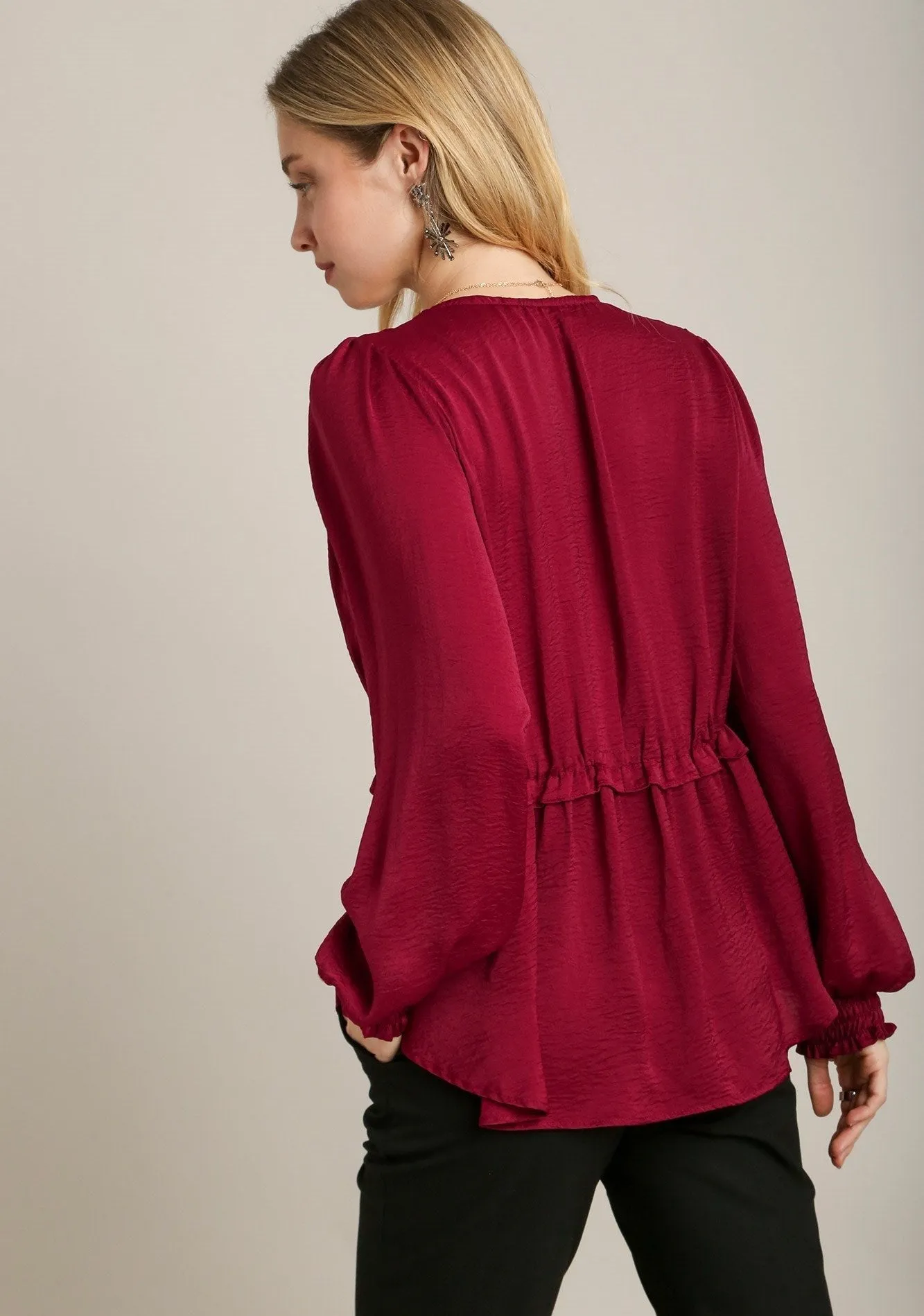 Red Satin V-neck Ruffle Baby Doll Top With Cuffed Long Sleeve