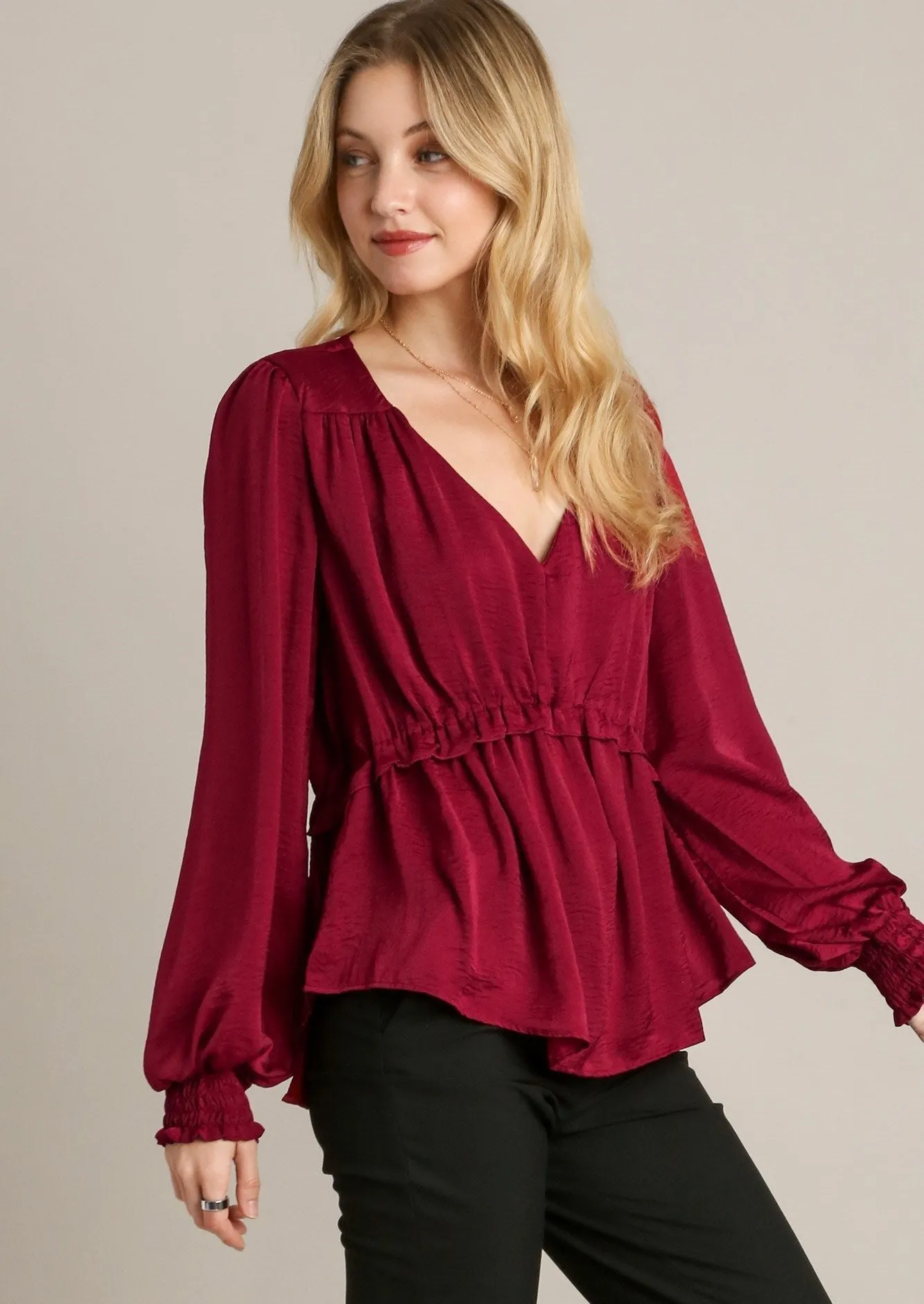 Red Satin V-neck Ruffle Baby Doll Top With Cuffed Long Sleeve
