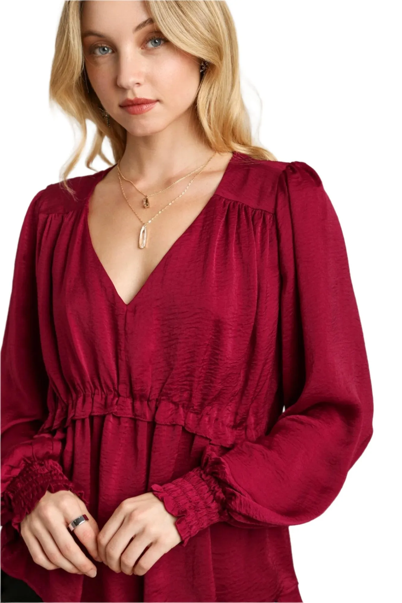 Red Satin V-neck Ruffle Baby Doll Top With Cuffed Long Sleeve