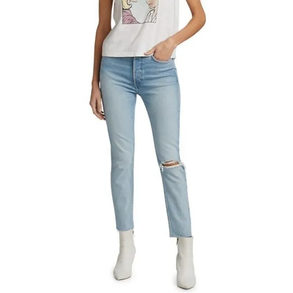 RE/DONE- 90'S High-Rise Jeans Worn Light Blue Button Fly Distressed Knee Denim