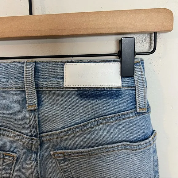 RE/DONE- 90'S High-Rise Jeans Worn Light Blue Button Fly Distressed Knee Denim