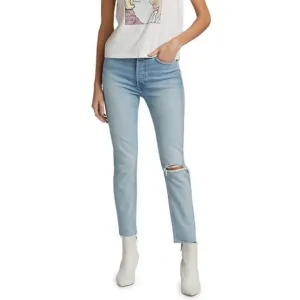 RE/DONE- 90'S High-Rise Jeans Worn Light Blue Button Fly Distressed Knee Denim