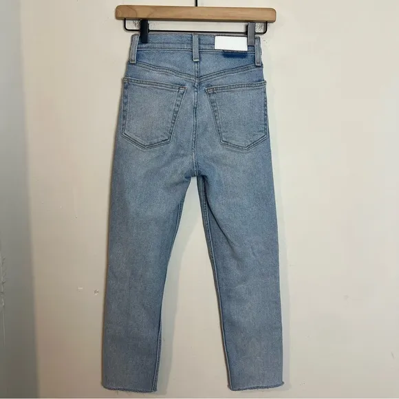 RE/DONE- 90'S High-Rise Jeans Worn Light Blue Button Fly Distressed Knee Denim