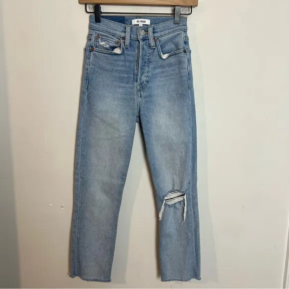 RE/DONE- 90'S High-Rise Jeans Worn Light Blue Button Fly Distressed Knee Denim